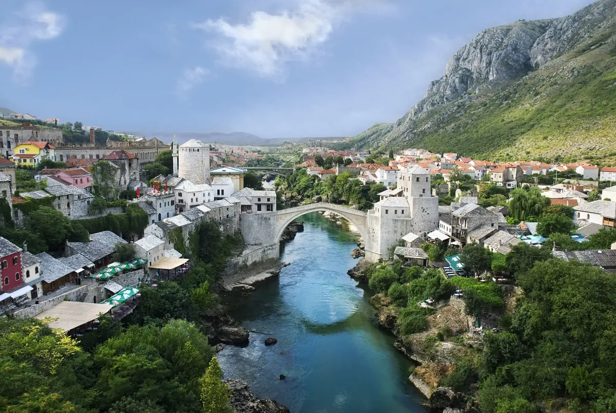 Mostar's old town and the Old Bridge above the Neretva
