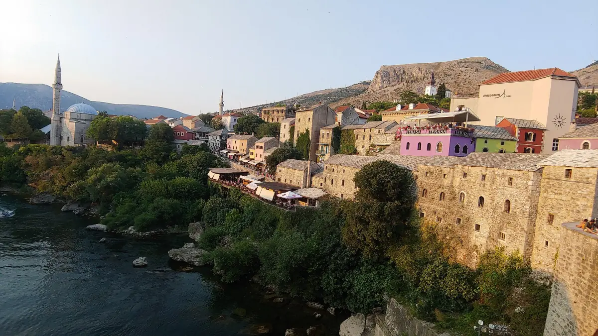 Mostar's old town above the Neretva at sunset