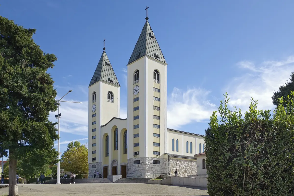 The twin towers of St James's Church in Medjugorje
